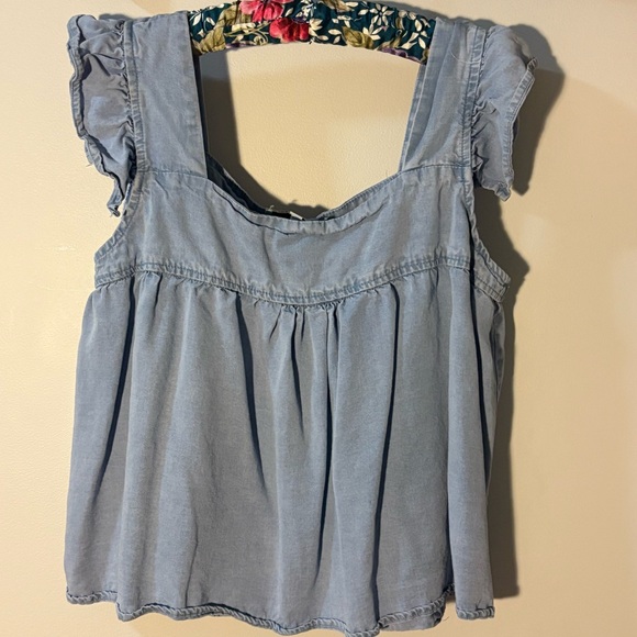 Hayden Los Angeles Tencel Square Neck Ruffle Cap Sleeve Top Light Denim Medium - Picture 5 of 13